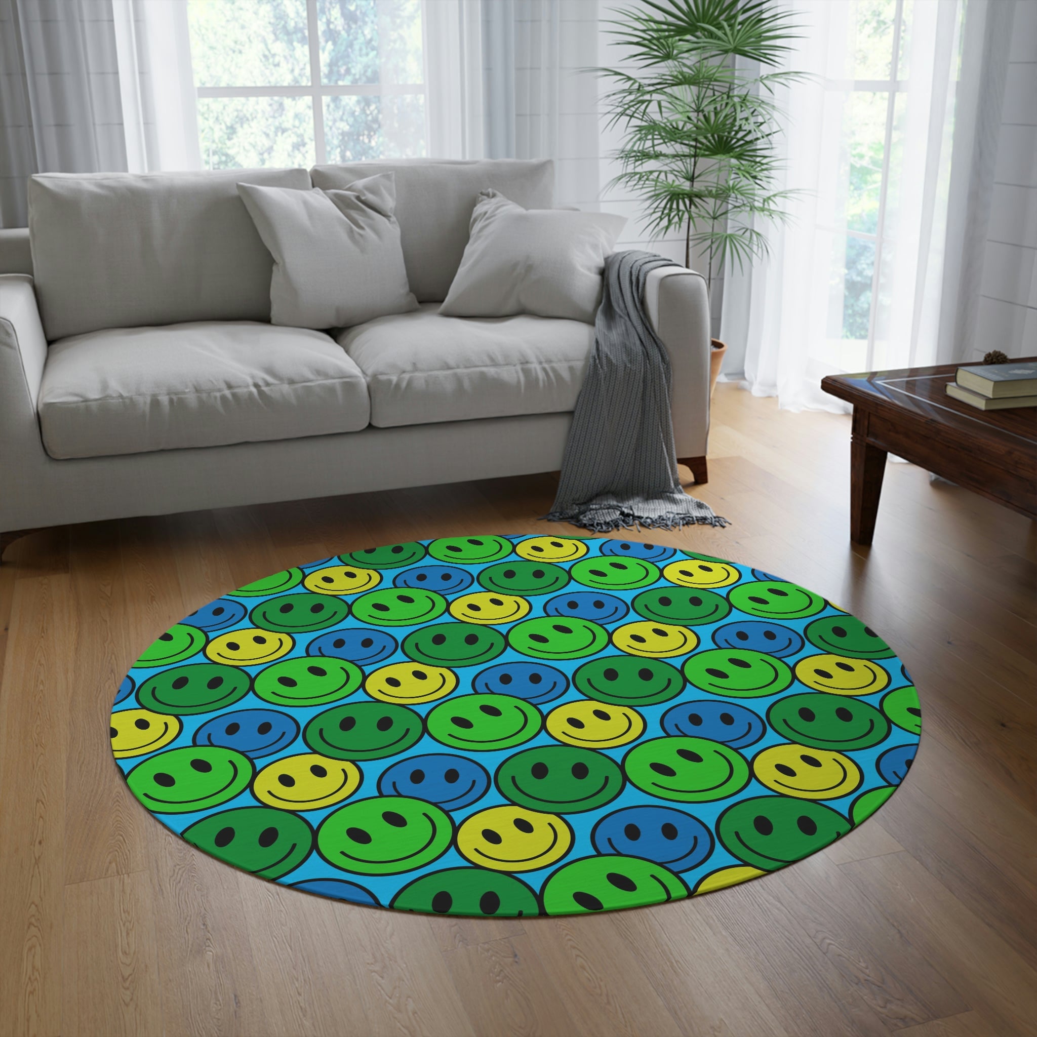 Round Rug Happy Face pattern green/blue