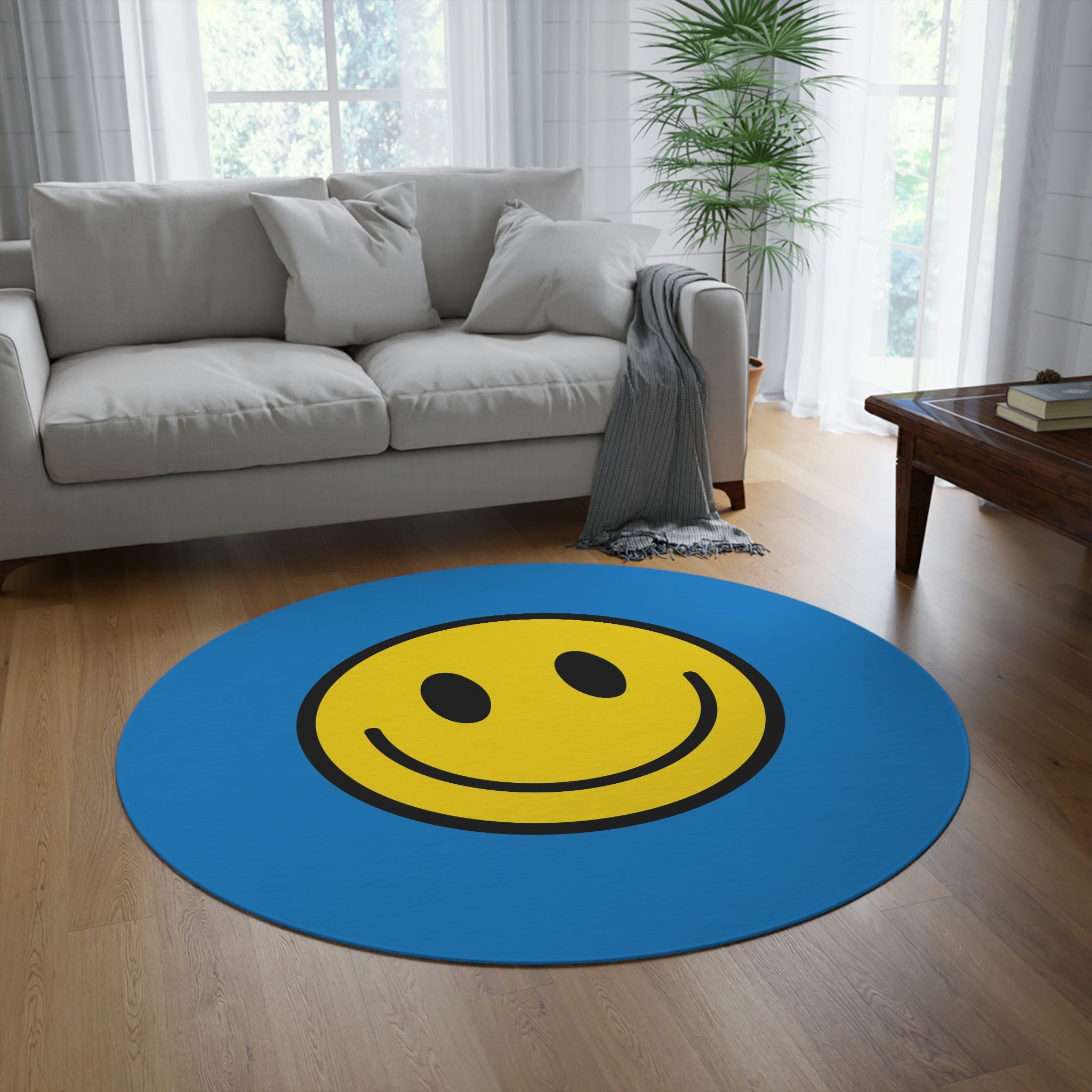 Round Rug Happy Face pattern yellow/blue