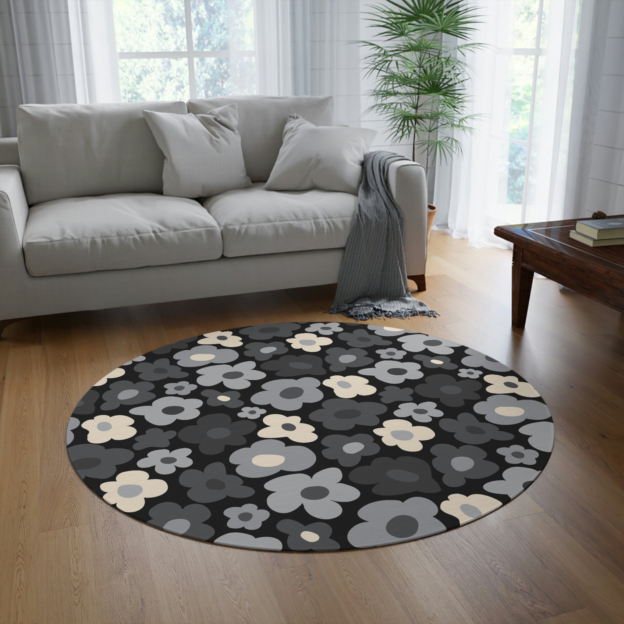 Runder Teppich Blumen grau 
