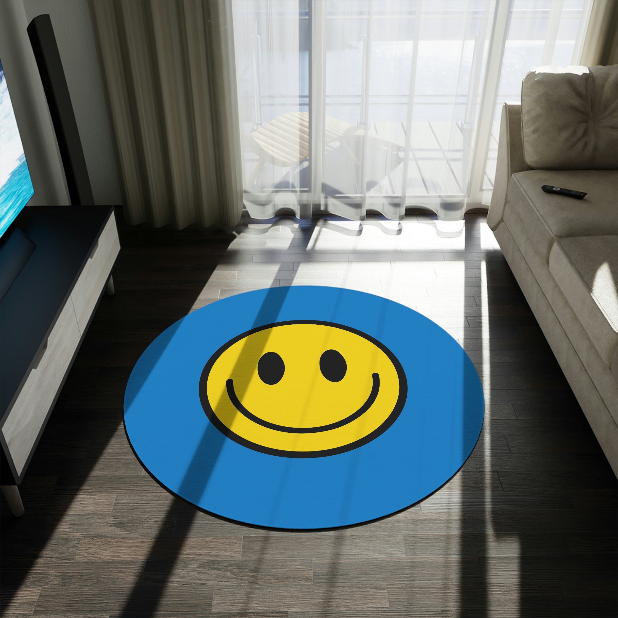 Round Rug Happy Face pattern yellow/blue